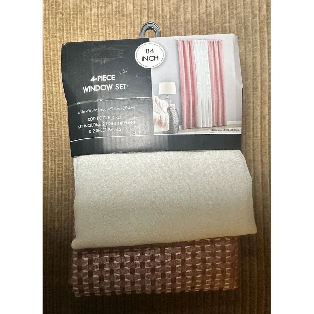 4 Piece Window Curtain Set 84 Inch Red White Sheer Light Filtering New
